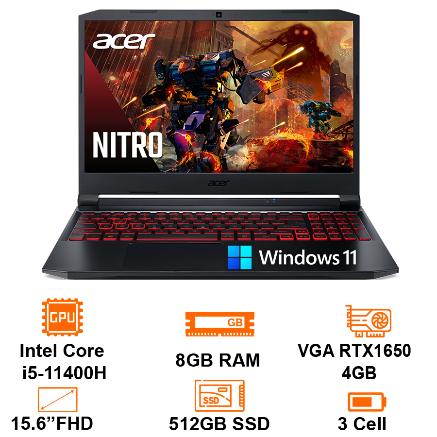 Laptop Acer Gaming Nitro 5 AN515-57-56S5 NH.QEKSV.001 (Core i5-11400H | 8GB | 512GB | GTX™ 1650 4GB | 15.6 inch FHD | Win 11 | Đen)