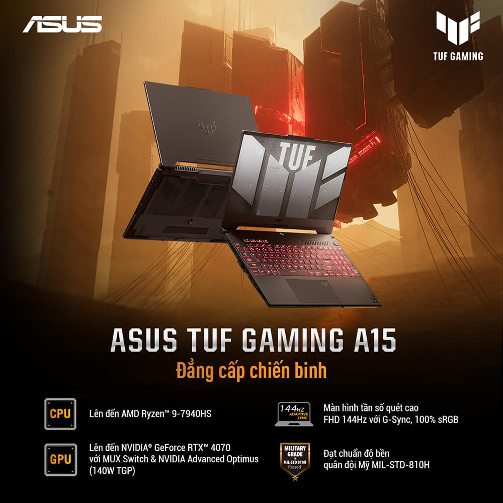 Laptop ASUS TUF Gaming A15 FA507NU-LP034W (Ryzen™ 7-7735HS | 8GB | 512GB | RTX™ 4050 6GB | 15.6-inch FHD 144Hz | Win 11| Gray)