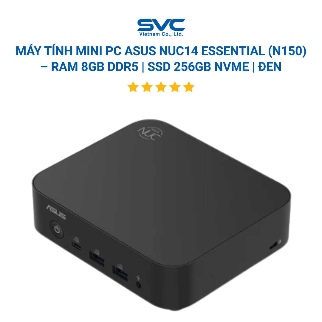 Máy Tính Mini PC ASUS NUC14 Essential (N150) – RAM 8GB DDR5 | SSD 256GB NVMe | WiFi 6E | HDMI+DP | VESA | Không OS | Đen